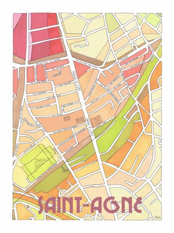 Affiche Plan de Ville TOULOUSE, quartier SAINT-AGNE - Illustration fait main 1