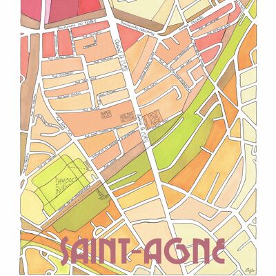 Affiche Plan de Ville TOULOUSE, quartier SAINT-AGNE - Illustration fait main