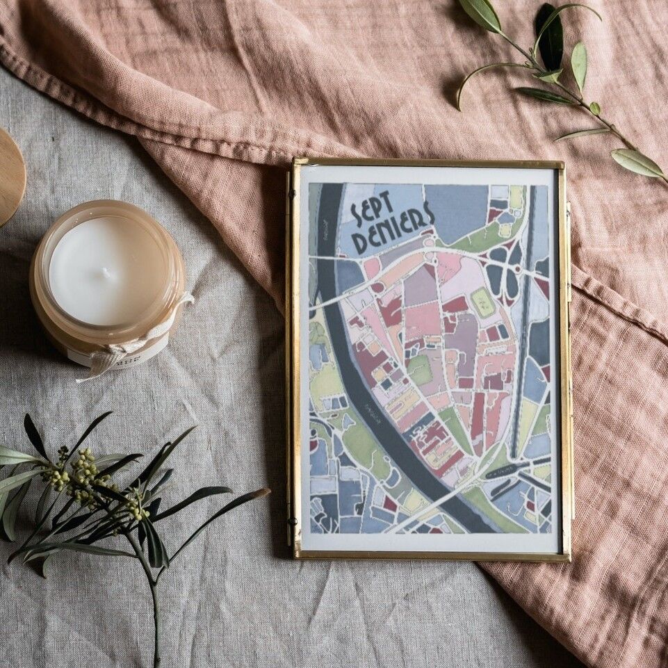 Poster con mappa della città di TOLOSA, quartiere SEPT DENIERS - Illustrazione fatta a mano