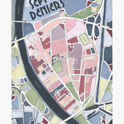 Cartel del mapa de la ciudad de TOULOUSE, distrito de SEPT DENIERS - Ilustración hecha a mano