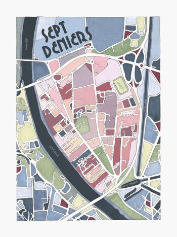 Affiche Plan de Ville TOULOUSE, quartier SEPT DENIERS - Illustration fait main 1
