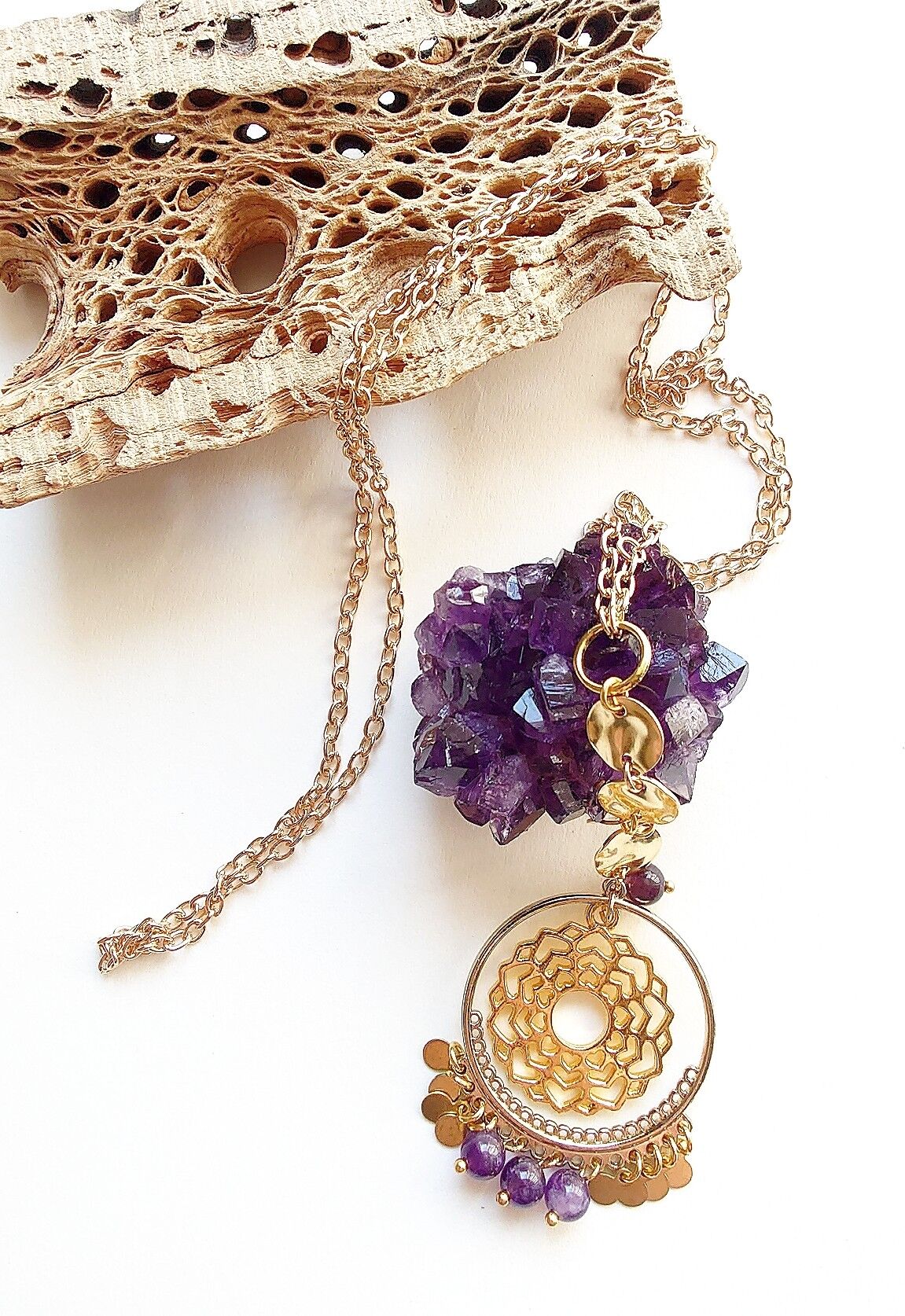 Chakra-Halskette, Chakra-Charm-Halskette, Kronenchakra, Hippie-Schmuck, Boho-Schmuck, Boho-Halskette, Halbedelstein-Charm-Halskette, Amethyst