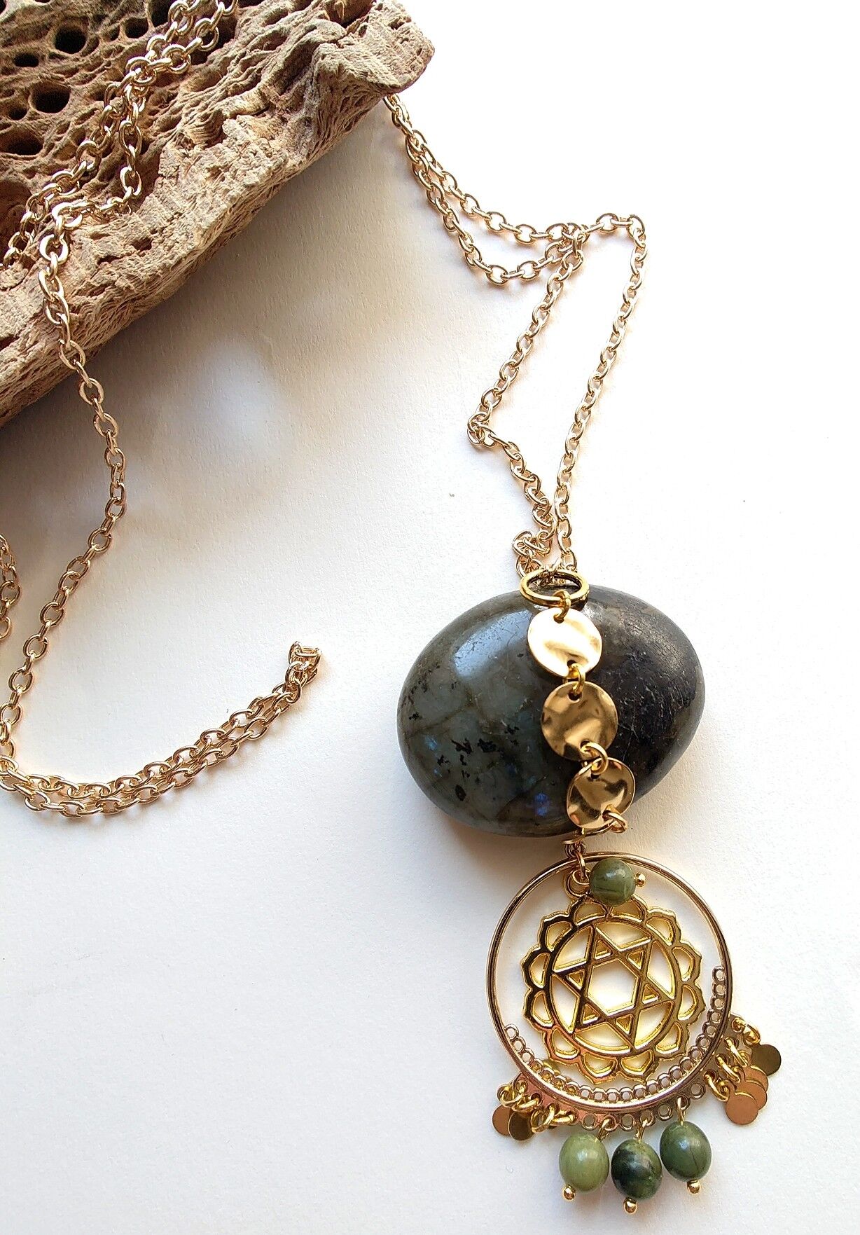 Heart chakra necklace, heart chakra, gold chakra necklace, semi precious necklace, jade necklace, nephrite jade, boho necklace, chakras