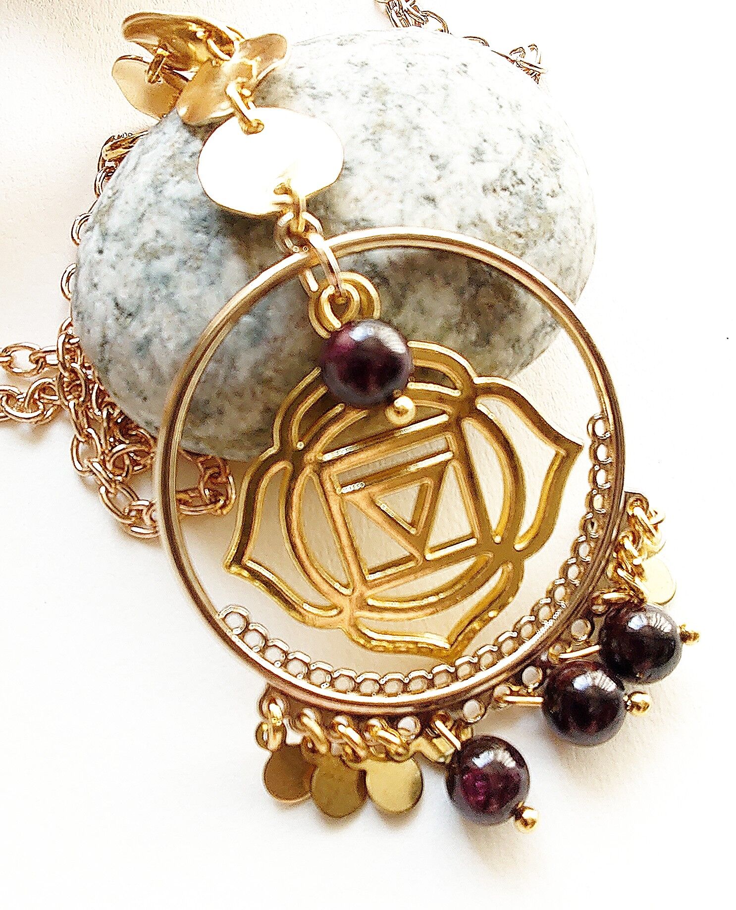 Root chakra necklace, chakra necklaces, chakras, gold chakra, chakra charm, semi precious necklace, garnet necklace, boho jewellery, chakras