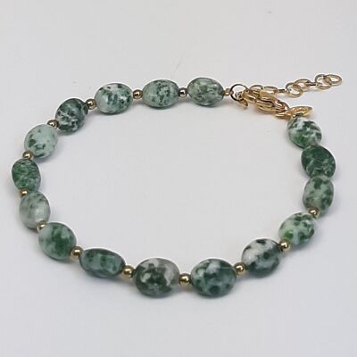 Bracelet acier inoxydable pierres gemmes ovales skarn vert blanc