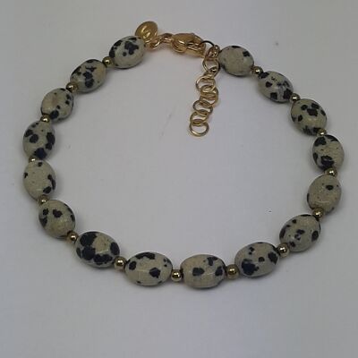 Bracelet acier inox pierres gemmes ovales jaspe dalmatien grège