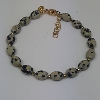Bracelet acier inox pierres gemmes ovales jaspe dalmatien grège 1