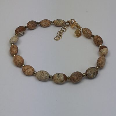 Bracelet acier inoxydable pierres gemmes ovales pierre dalmatien marron