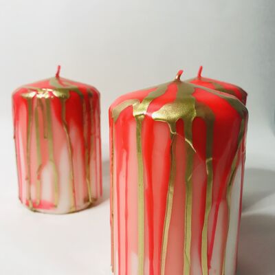 1 paraffin pillar candle in fluorescent red, pink, gold, 8.0x12.0 cm