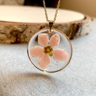 Dried resin pink cherry blossom necklace, golden round pendant