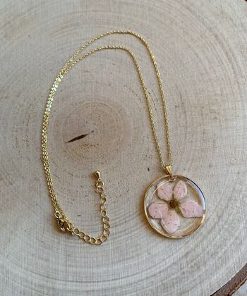 Collier fleur séchée de cerisier rose résine, pendentif rond doré 2