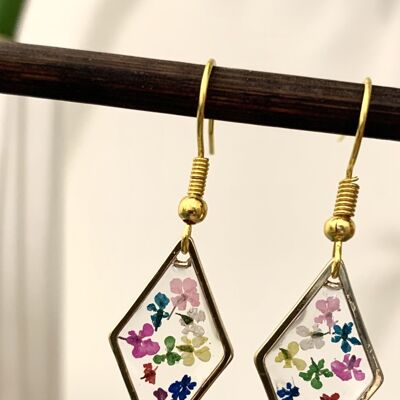 Resin multicolored dried flower earrings, golden diamond