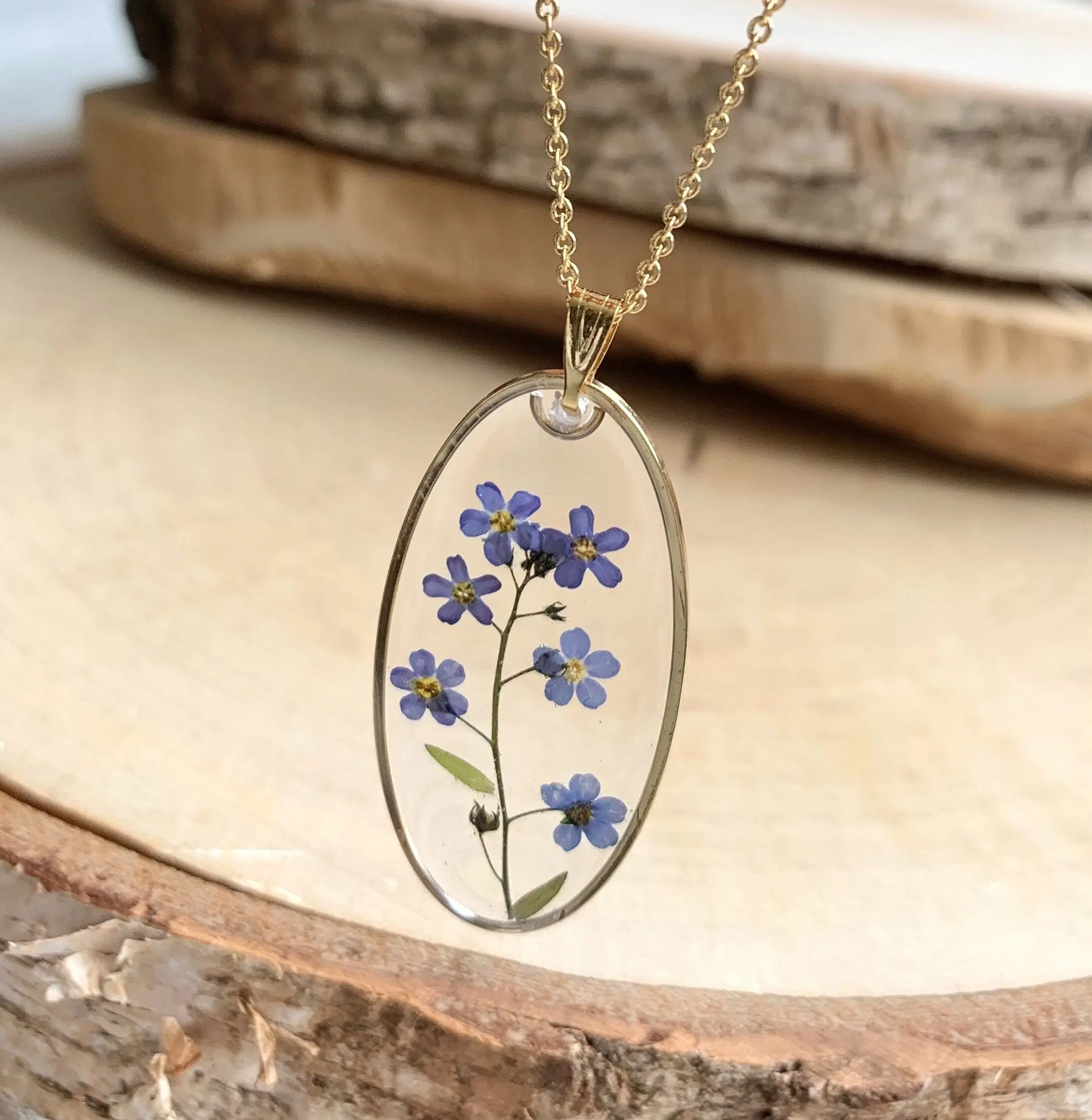 Collier Pendentif Fleur Séchée Résine - Violet Ou Vert, Longueur Réglable, Fait Main, Neuf