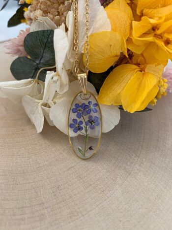 Collier fleur séchée résine Myosotis sauvage, pendentif ovale doré 3