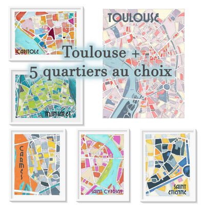 Pack 6 Poster Karte von TOULOUSE - 6 Poster 30x40cm