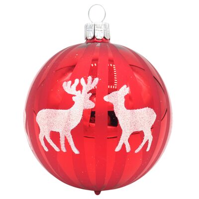 Glaskugel REINDEER rot weiß matt glanz 7cm - Weihnachtsschmuck aus Glas