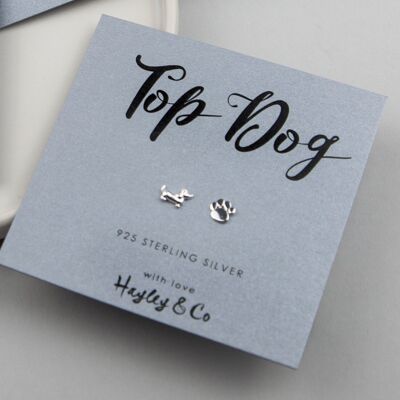 Paw Print Sausage Dog and Paw Sterling Silver Earrings - Silver