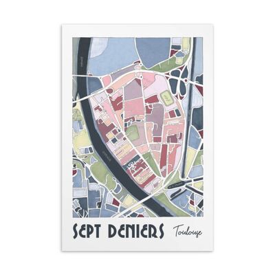 Mappa illustrata della città da cartolina - TOLOSA, quartiere di Sept Deniers