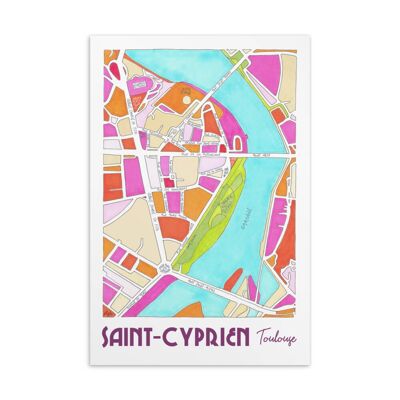 Postcard City map - TOULOUSE, Saint-Cyprien district - Handmade illustration
