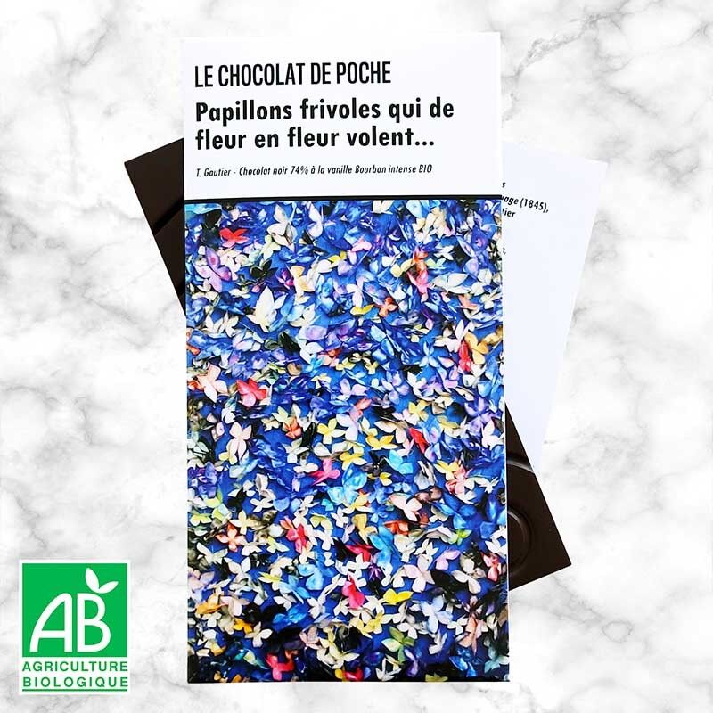 Tavoletta di cioccolato fondente 74% vaniglia Bourbon intensa BIO - Frivole farfalle che volano di fiore in fiore...