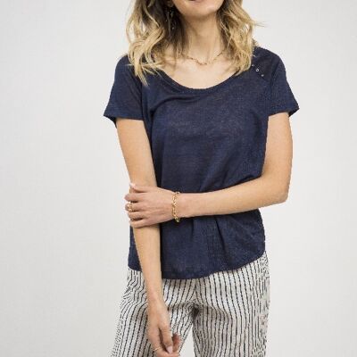 T-shirt in lino blu navy con tre bottoncini