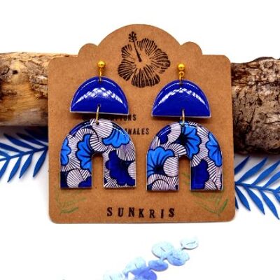 Ethnic earrings in the shape of an arch wax patterns blue white ginkgo flowers Christmas gift