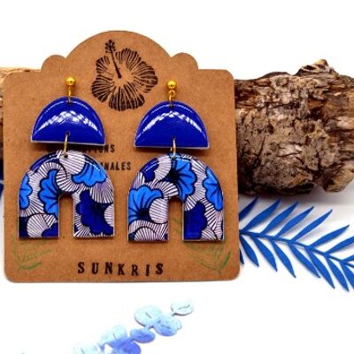 Ethnic earrings in the shape of an arch wax patterns blue white ginkgo flowers Christmas gift