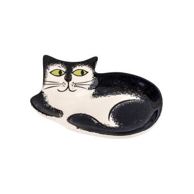 Plato de baratija de gato blanco y negro de cerámica hecho a mano