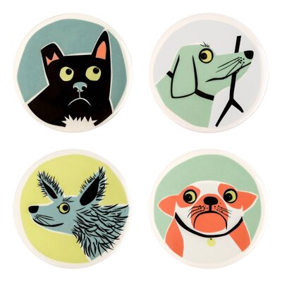 Lot de 4 sous-verres en céramique faits à la main pour chien.