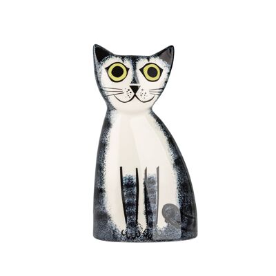 Salvadanaio in ceramica con gatto soriano grigio fatto a mano