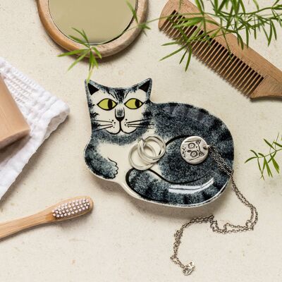 Plato de baratija de gato atigrado gris de cerámica hecho a mano