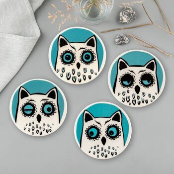 Ensemble de 4 sous-verres en céramique hibou faits à la main 2