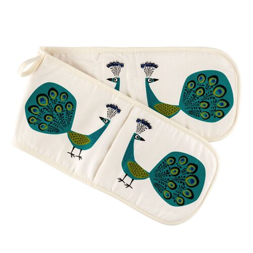 Peacock Double Oven Gloves in handprinted, organic, cotton