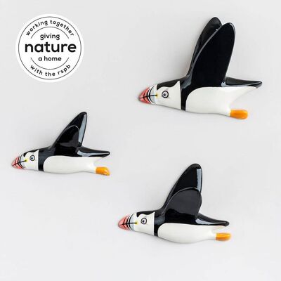 Wall-mounted Handmade Ceramic Flying Puffin Trio