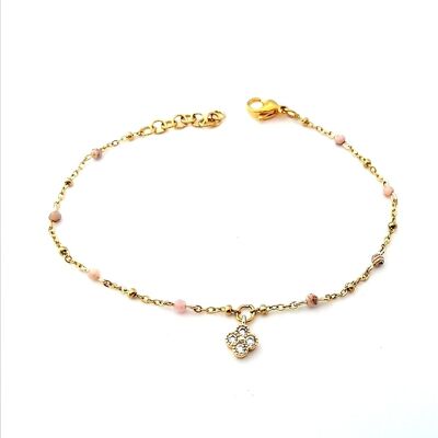 Rhodochrosite rosary bracelet and rhinestone clover