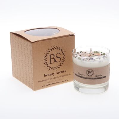 Grande candela di soia profumata alla vaniglia con fiori di campo in contenitore di vetro scatola da 6