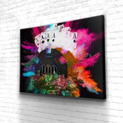 Tableau Poker Black Fluo Face - 100 x 75 - Toile sur châssis - Cadre noir