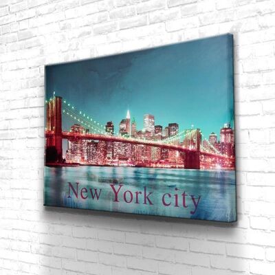 Tableau New York Bridge Color - 60 x 40 - Toile sur châssis - Cadre noir