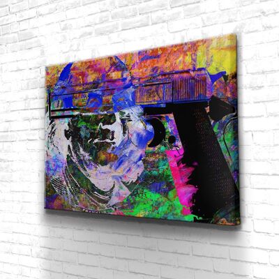 Tableau Money Gun - 120 x 90 - Toile sur châssis - Cadre noir