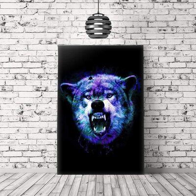 Tableau Loup Bleu Splash - 60 x 40 - Plexiglas - Cadre noir