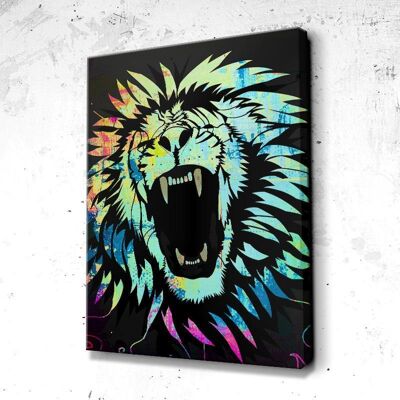 Tableau Lion Multicolor - 60 x 40 - Toile sur châssis - Cadre noir