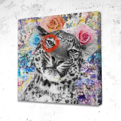 Tableau Leopard Fleurs - 80 x 80 - Plexiglas - Cadre noir