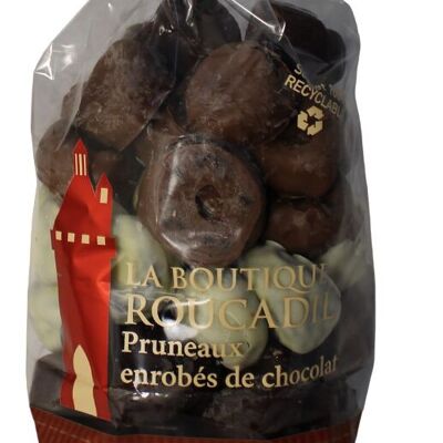 Agen prunes coated with dark, milk and white chocolate - 500g bag