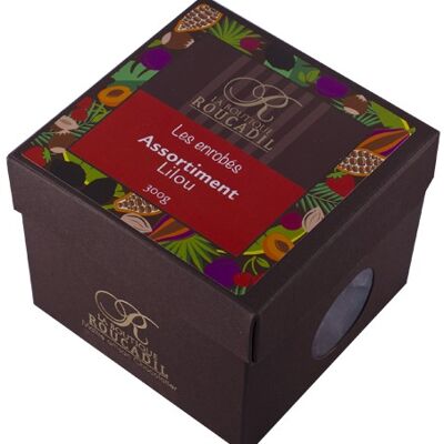 Assortiment Lilou - Mélange de fruits enrobés de chocolat noir - boîte 300g