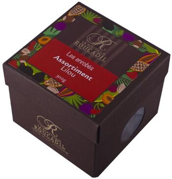 Assortiment Lilou - Mélange de fruits enrobés de chocolat noir - boîte 300g