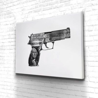 Tableau Gun Dollar Black & White - 40 x 30 - Toile sur châssis - Cadre noir