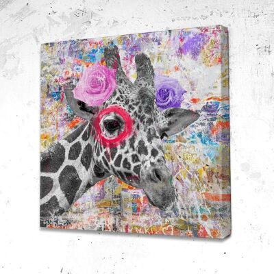 Tableau Girafe Fleurs - 80 x 80 - Toile sur châssis - Cadre noir