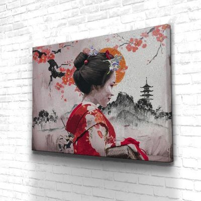 Tableau Geisha - Red - 60 x 40 - Toile sur châssis - Cadre noir