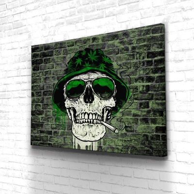 Tableau Crâne Skull Weed - 60 x 40 - Toile sur châssis - Cadre noir