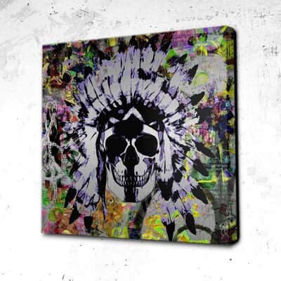 Tableau Crâne Indian Skull Face - 60 x 60 - Toile sur châssis - Cadre noir